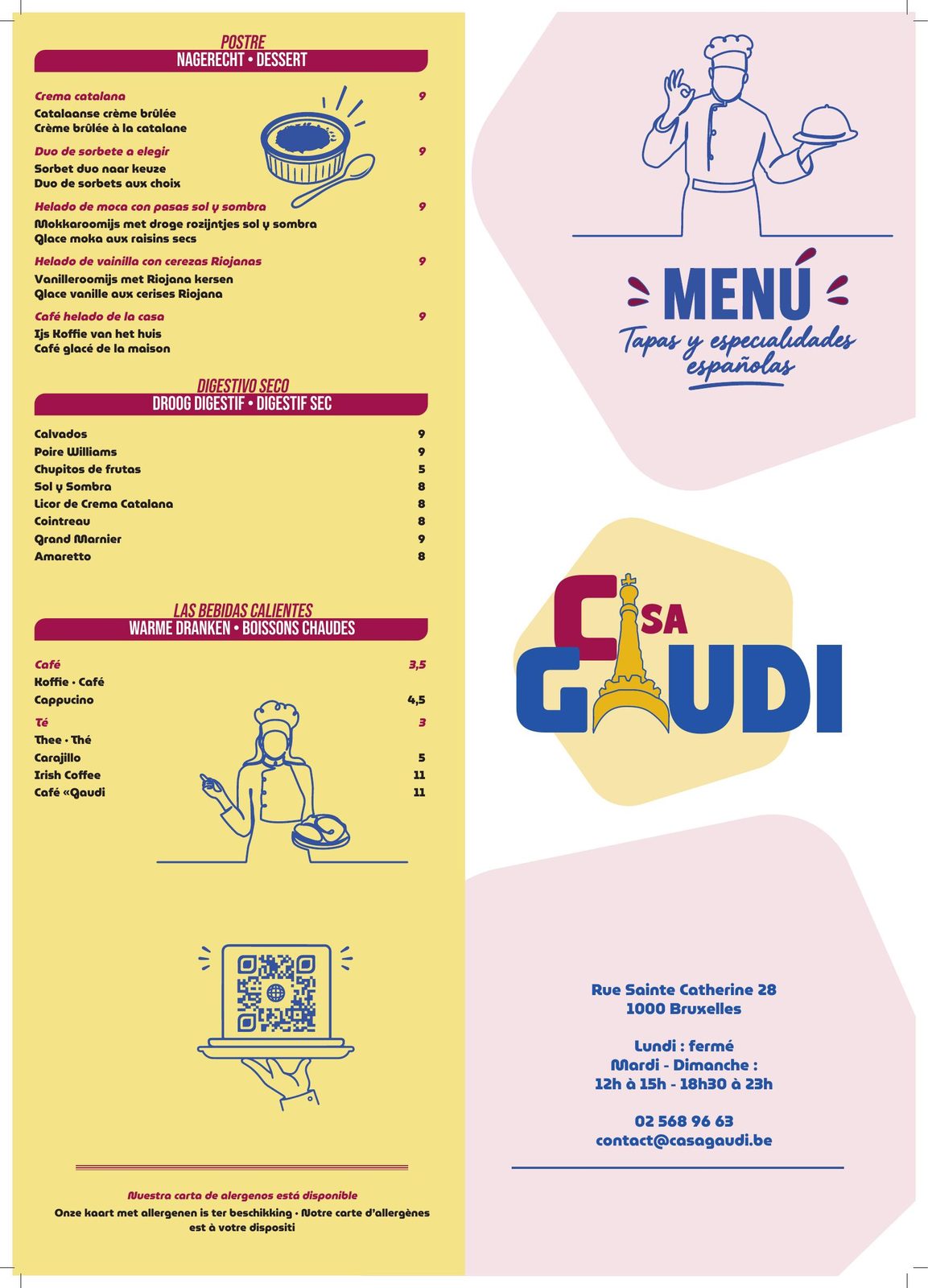 Menu Casa Gaudi : desserts, digestifs, boissons chaudes, et page de couverture avec logo et adresse.