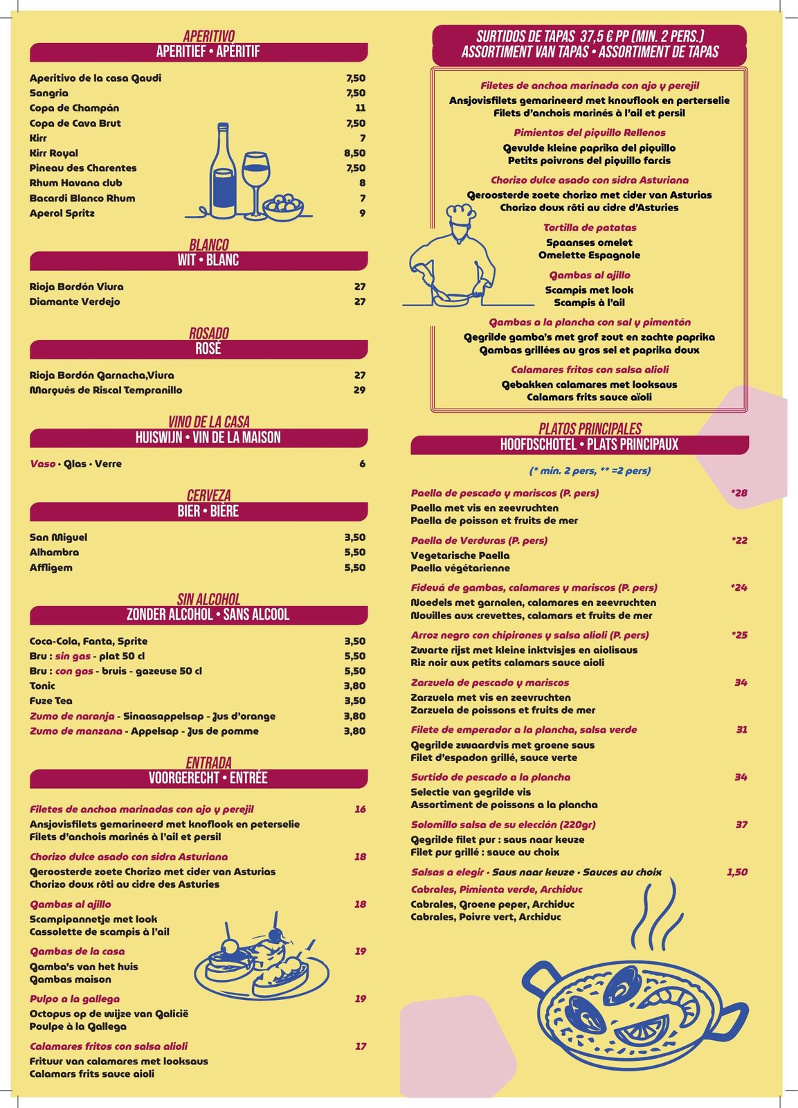 Menu Casa Gaudi : apéritifs, vins, bières, entrées, tapas et plats principaux en trois langues.