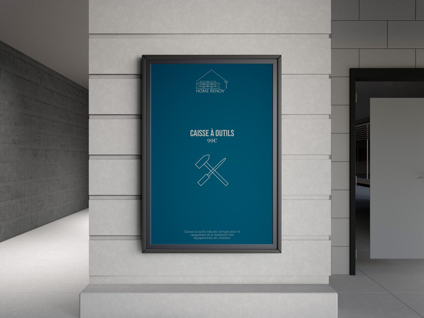 Affiche Home Renov Caisse à outils, 99 euros, fond bleu pétrole et pictogramme d'un marteau et d'un tournevis croisés.